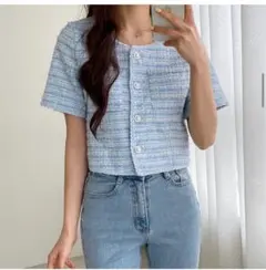 水色 半袖ツイードカーディガン