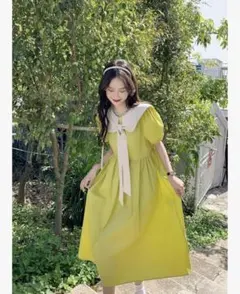 セーラー襟の黄色ひざ丈ワンピース　XXL