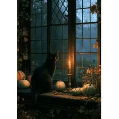 【3枚で1500円】アートポスター 猫 イラスト A4 窓辺　ハロウィン
