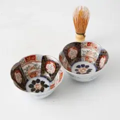時代年代物 古伊万里 有田焼 六角向付 色絵金襴手 窓絵花草文様 染付唐草 二客