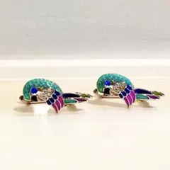 ヴィンテージ デザイン　アクセサリー　ピアス　鳥　青　緑　ピアス　動物カラフルのサムネイル