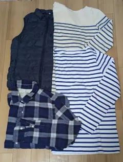 無印良品 4点 まとめ売り ネイビー ベスト ボーダーT2枚 チェックネルシャツ