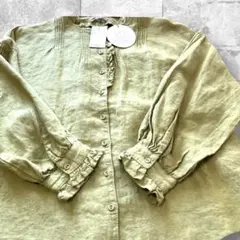 サマンサモス フリルピンタック　　　フリー　グリーン　麻100% 新品