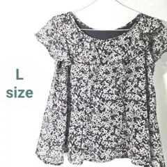 総柄チュニック 半袖 フリル袖 パープル L