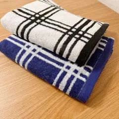 チェック柄　ブラック×ブルー　お洒落　今治タオル　ミニバスタオル　2枚セット