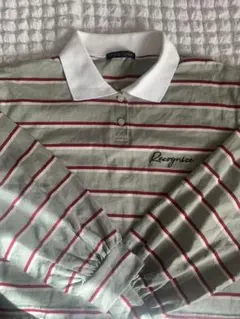 お買い得！しまむら ゆったり ボーダー 長袖ポロシャツ トップスグリーン系 L