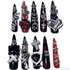 ∔地雷ネイルチップ シルバー レッド 猫 ゴテゴテネイルチップ ∔