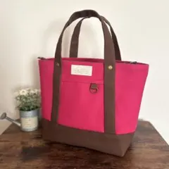 倉敷8号帆布あおりポケット付きトートバッグM ショッキングピンク×ココア