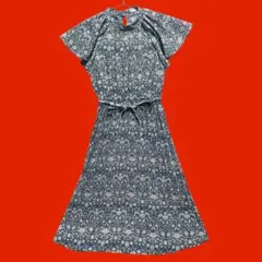 ハドソンハニー　総柄　半袖ロング丈ワンピース　ブルー　青　花柄　L ウエストゴム