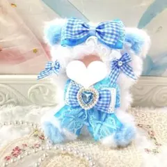 ピンクチェック×水色】10cm おすわりぬい服 着ぐるみ 猫耳 にじ