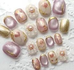 ネイルチップ ぷっくりお花/フラワー/大理石/薔薇/マグネットフルサイズb991