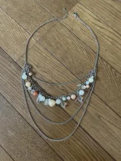 パール調ビーズ 多連チェーンネックレス