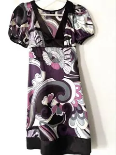 レトロ サイケ ワンピース パープル パフスリーブ ミニ丈 ヴィンテージ風 S