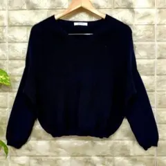 バックナンバー 7分袖ニット(M)ネイビー ノーカラー プルオーバー 洗える