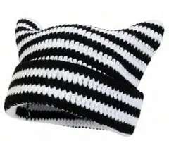 【最終値下げ即日発送】大人用　猫耳付き　ストライプ　ニット帽