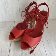 【極美品】Sergio Rossiレースアップサンダル39コルクヒール レッドのサムネイル