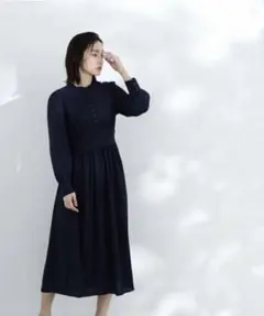 【美品】ナチュラルビューティーベーシック＊ワイドウエストヨークワンピース