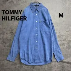 トミーヒルフィガー チェック柄 ボタンダウンシャツ ブルー M 古着【6633】