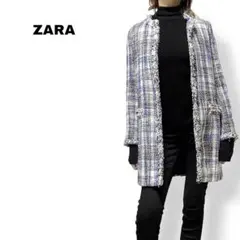 美品✨ZARA ザラ ノーカラー ツイード ジャケット コート フリンジ