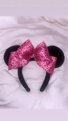 ミニーマウス風カチューシャ ヒョウ柄リボン