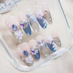 ハンドメイドM ネイルチップセット 花とストーンデザイン