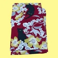 【美品】黒猫と花柄 浴衣 単品 レッド 赤 花火大会 猫柄 レトロ 可愛い