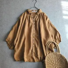 ブロカント リネン キャンバス グラン シャツ　ギャザー　襟　ブラウス　シャツ