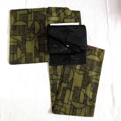 正絹紬袷小紋【シャルトリューズグリーン×黒幾何学文様】&夏絽名古屋帯/帯締/帯揚のサムネイル