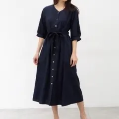 良品★グラシア Vネックワンピース ベルト付 L ネイビー 六分袖 金ボタン