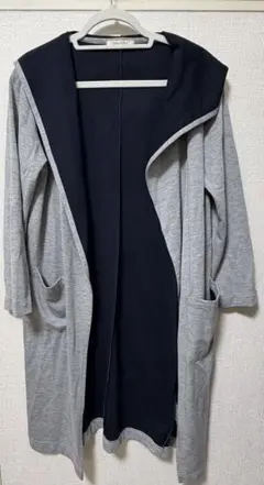 バイカラー フード付き ロングカーディガン グレー×ネイビー　グリーンパークス