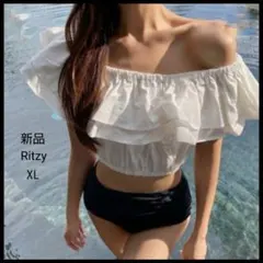 【新品】Ritzy オフショルダー フリル ハイウエストビキニ 水着　黒　白のサムネイル