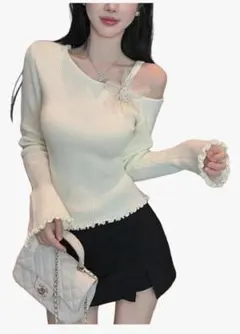 レディース セーター 不規則な襟 ニット 長袖トップス オフショルダー ショート