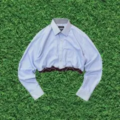 【リメイク古着】再構築チビ丈メローフリル個性派シャツ ストライプレディースブルー