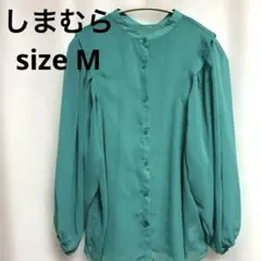 【OFALO】ターコイズ シフォン長袖シャツ バンドカラー　シアー 冷房対策