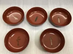越前漆器　赤色漆器 菓子器 5枚セット 野菜デザイン