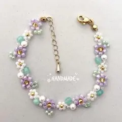 ビーズ　ブレスレット　ハンドメイド　フラワー　花　パープル　グリーン　韓国