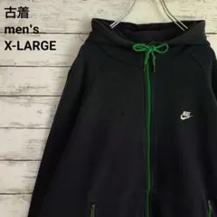 古着 NIKE ナイキ パーカー ジップアップ 刺繍ロゴ ネイビー XL
