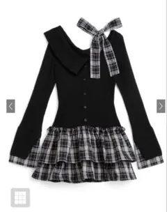 GRL チェック柄ドッキングワンショルダーリボンフリルニットワンピースpm785