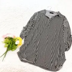 ブラウス【L】長袖シャツ　ストライプ柄　ストレッチ　カジュアル　バイカラー
