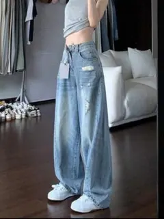 ②ダメージ加工 ワイドデニムパンツ ライトブルーXLのサムネイル