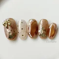 ネイルチップ　ハートネイル　リボンネイル　ゴールド×ブラウンマグネット　オーダー
