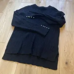 黒 リブ編み 長袖 ニット セーター パールボタン