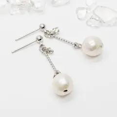天然石　ピアス　8mm【淡水パール】　ロングパーツコンビ　ハンドメイド