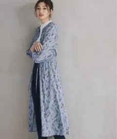 【GLOBAL WORK】総花柄ロング長袖ワンピース 水色 Ｌサイズ