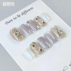 ネイルチップ Mサイズ ベージュ×紫×ホワイト系