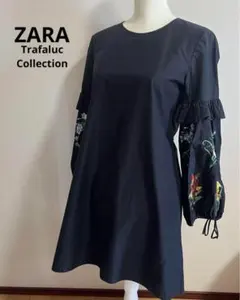 ZARA ザラ ミニ ワンピース 花柄 刺繍 黒 レディース XS ○