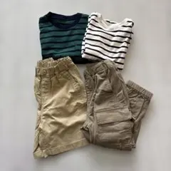 110cm 4点セット　 緑と紺のストライプ Tシャツとカーゴパンツセット