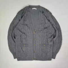 Vネックニットカーディガン 透かし編み 金ボタン グレー M 肩パッド きれいめ