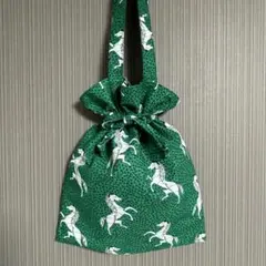 アフリカ布 巾着トートバッグ 馬柄グリーン ハンドメイド ★A4収納肩かけ可能