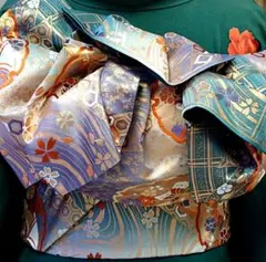 【美品】豪華絢爛!! 袋帯【正絹 六通】光沢×グリーン 豪華柄　成人式　結婚式